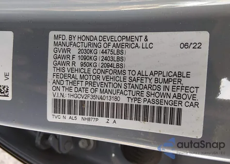2022 Honda Accord Sport 2.0T from USA, damaged, VIN 1HGCV2F35NA013180